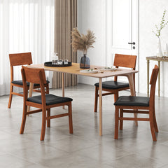 Set of 2 Dining Chairs, Walnut Tone Rubber Wood with Black PVC Leather Seat and Panel Back