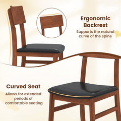 Set of 2 Dining Chairs, Walnut Tone Rubber Wood with Black PVC Leather Seat and Panel Back