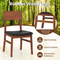 Set of 2 Dining Chairs, Walnut Tone Rubber Wood with Black PVC Leather Seat and Panel Back