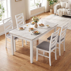 Set of 4 Zigzag Slat Back Dining Chairs, White Rubber Wood with Grey Linen Padded Seats