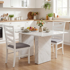 Set of 4 Zigzag Slat Back Dining Chairs, White Rubber Wood with Grey Linen Padded Seats