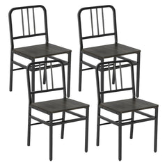 Set of 4 Metal Dining Chairs with Slatted Back and Grey Wood Grain Seat, Black Frame
