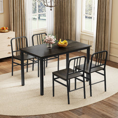 Set of 4 Metal Dining Chairs with Slatted Back and Grey Wood Grain Seat, Black Frame