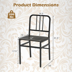 Set of 4 Metal Dining Chairs with Slatted Back and Grey Wood Grain Seat, Black Frame