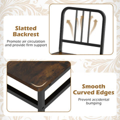 Set of 4 Metal Dining Chairs with Slatted Back and Rustic Brown Wood Grain Seat, Black Frame