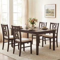Set of 2 Dining Chairs with Diamond Lattice Back, Espresso Rubber Wood and Beige Faux Linen Seat
