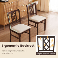 Set of 2 Dining Chairs with Diamond Lattice Back, Espresso Rubber Wood and Beige Faux Linen Seat