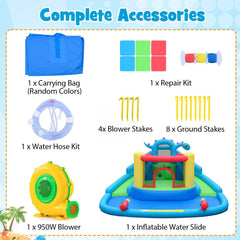 Dinosaur Themed Inflatable Water Slide Park with Double Slides and 950W Air Blower