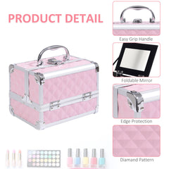 3 Tier Diamond Texture Makeup Train Case Cosmetic Organizer with Mirror, Black