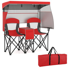 Double Beach Chair with Adjustable Canopy and 3 -Side Shading Curtains-Red