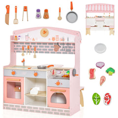 Double Sided Pink Play Kitchen with Canopy, Folding Diner Table and Two Stools