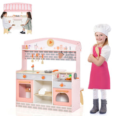 Double Sided Pink Play Kitchen with Canopy, Folding Diner Table and Two Stools