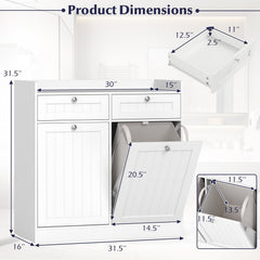 Double Tilt-Out Laundry Hamper Cabinet with 2 Drawers and Removable Laundry Bags-White