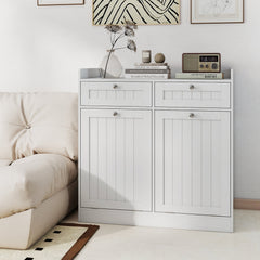 Double Tilt-Out Laundry Hamper Cabinet with 2 Drawers and Removable Laundry Bags-White