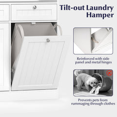 Double Tilt-Out Laundry Hamper Cabinet with 2 Drawers and Removable Laundry Bags-White