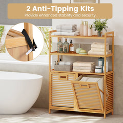 Double Tilt Out Laundry Hamper with 3 Shelves and 2 Removable Baskets for Dirty Clothes-Natural