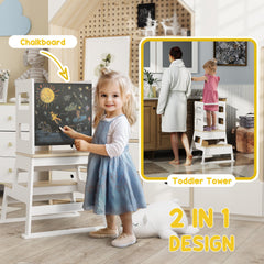 2 in 1 Toddler Tower Kitchen Helper w/ Chalkboard, Safety Rail, for Counter, Bathroom, Sink, Kitchen, White