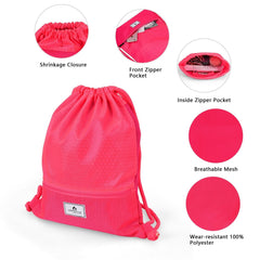 Drawstring Backpack String Bag Foldable Sports Sack with Zipper Pocket-Pink