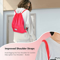 Drawstring Backpack String Bag Foldable Sports Sack with Zipper Pocket-Pink