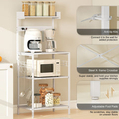 Kitchen Baker's Rack with Power Outlet, Coffee Bar Station with Adjustable Shelves and Hooks, Distressed Grey