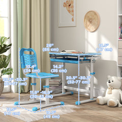 Height Adjustable Study Table and Chair Set with Drawer, Pen Slot, Tiltable Desktop, Hook, Blue