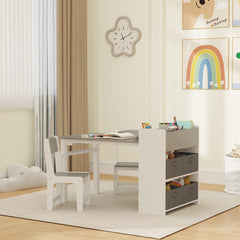 Kids Table and Chairs Set, Toddler Art Table and Chair Set with Paper Roll, Storage Shelves and Drawers, Grey