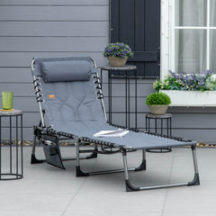 Outdoor Lounge Chair, Folding Chaise Lounge, Patio Padded Tanning Chair with 5-position Adjustable Backrest, Pillow and Pocket for Deck, Beach, Lawn and Sunbathing, Beige