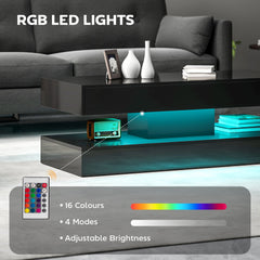 Coffee Table with Adjustable LED Lights, Modern Living Room Table with 2 Drawers, Open Shelf, Remote, High Gloss White