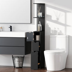 Tall Bathroom Storage Cabinet, Narrow Bathroom Cabinet with Drawers and Open Shelves for Small Spaces, White and Grey