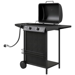2+1 Burner Propane Gas BBQ Grill, Portable Gas Barbecue Grill with Side Burner, Thermometer, Lid, Side Table, Shelf, Spice Rack, Wheels, Grease Cup for Garden, Black