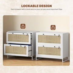 2-Drawer Filing Cabinet with Lock, Rattan File Cabinet with Adjustable Hanging Bar, Natural