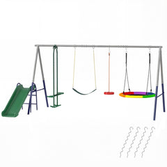 5-in-1 Kids Swing Set with Slide, Swings and Glider for Backyard, 770lbs Capacity, for Ages 3-8, Multicolour