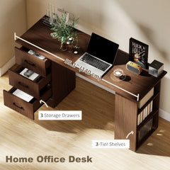 Computer Desk, 47" Writing Table with 3-Tier Shelves and 3 Reversible Drawers for Home Office, Bedroom, Black