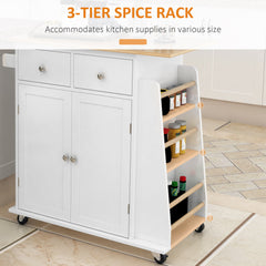 Rolling Kitchen Island Trolley Storage Cart with Rubber Wood Top, 3-Tier Spice Rack, Towel Rack Home Kitchen Carts, White