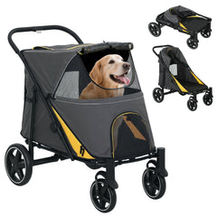 Foldable Pet Stroller with Universal Front Wheels, Shock Absorber, Dog Cat Carriage for Large & Medium Dogs, Black