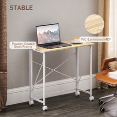 31.5" Home Office Desk, Folding Desk with Wheels for Small Space, Easy Assembly for Home Office, Natural Wood Finish