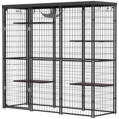 Weld Wire Catio Outdoor Indoor with Waterproof Cover, 4 Jumping Platforms, Hammock, 69" x 22" x 62", Black