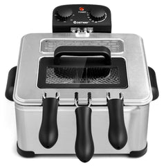 Electric Deep Fryer 5.3QT/21-Cup Stainless Steel 1700W with Triple Basket-Silver