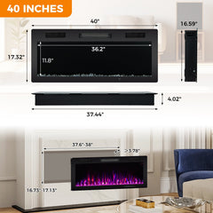 Electric Fireplace 40/50/60 Inches Recessed and Wall Mounted for 2 ft x 6 ft Stud-40 Inches
