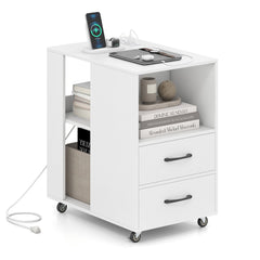 End Table with Built-in Charging Station Sofa Side Bedside Table on Wheels-White