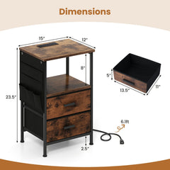 End Table with Charging Station Set of 1 Nightstand with 2 Folding Fabric Drawers