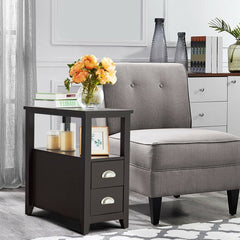 Narrow End Table and Bedside Table with 2 Drawers and Open Shelf, Espresso