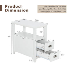 Narrow End Table and Bedside Table with 2 Drawers and Open Shelf, White