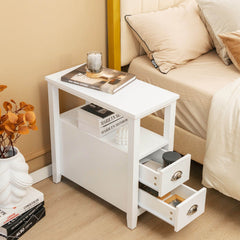 Narrow End Table and Bedside Table with 2 Drawers and Open Shelf, White