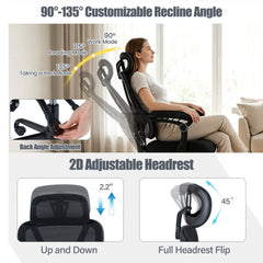 Ergonomic Office Computer Mesh Chair with High Back Adaptive Lumbar Support and 2D Adjustable Headrest-Black