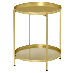 2-Tier Gold Side Table, Round Nightstand with Removable Trays Folding Metal Frame Adjustable Foot End Table for Living Room Bedroom