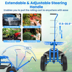 Extendable Handle Garden Cart Rolling Wagon Scooter-Blue