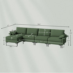 130.5 in L Shaped Sectional in Army Green, Reversible Chaise, Back Power Strip and Hidden Storage