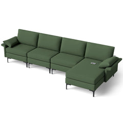130.5 in L Shaped Sectional in Army Green, Reversible Chaise, Back Power Strip and Hidden Storage