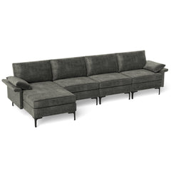 130.5 in L Shaped Sectional in Grey Linen, Reversible Chaise, 2640 lb Capacity and Back Power Strip